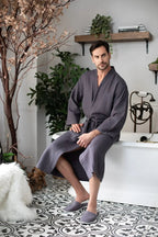 Absorbent, lightweight men's waffle spa bathrobe by Plush Fashion Hub, showing a cozy, plush robe with a textured waffle pattern.