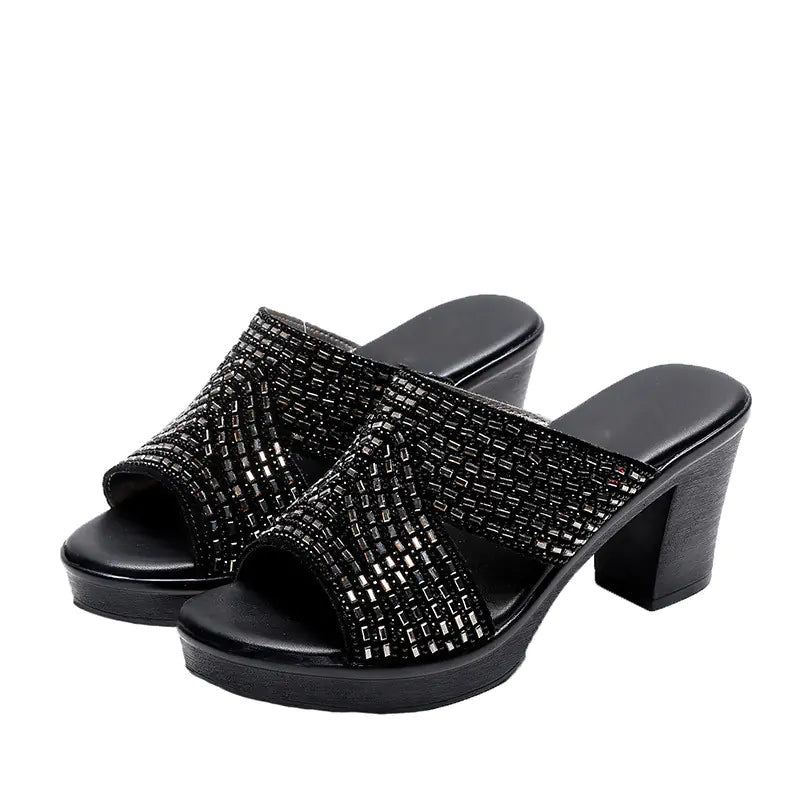 Women rhinestone platform high heel sandals with thick heels and strappy design, stylish footwear from Trendy Attic Store01