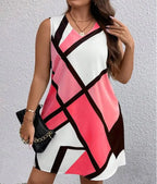 Women’s geometric print V-neck sleeveless dress from Trendy Attic Store01, featuring a stylish pattern and a flattering fit.