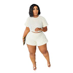 Plus size women's casual summer two-piece set featuring trendy shorts, stylish and comfortable for warm weather.