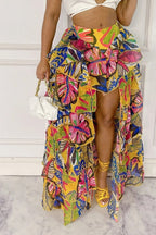 Fasheabe Blissful Views printed ruffled high-low skirt with flowing fabric and vibrant pattern, perfect for stylish summer wear.