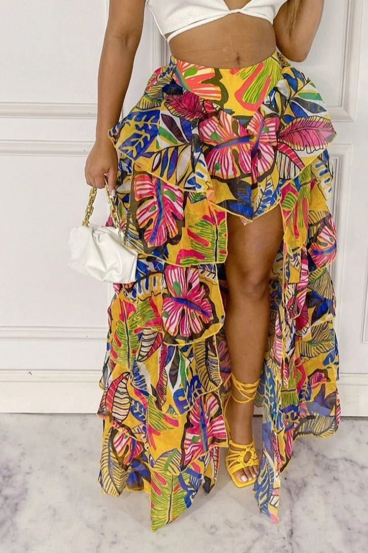 Fasheabe Blissful Views printed ruffled high-low skirt with flowing fabric and vibrant pattern, perfect for stylish summer wear.
