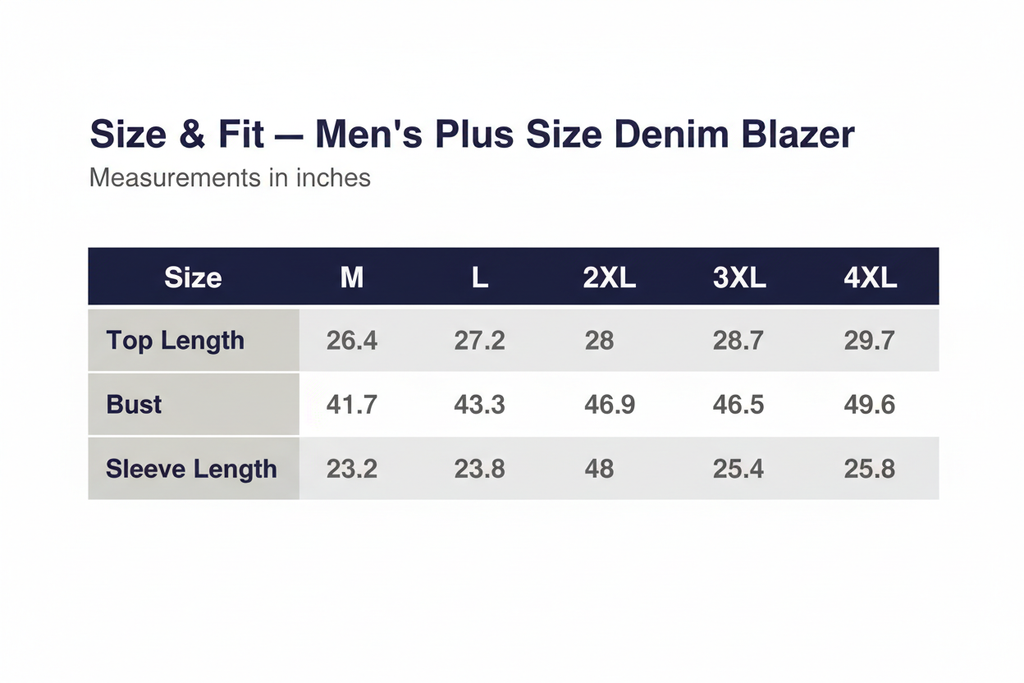 Plus size men's denim blazer with lapel collar and classic jean jacket style, featuring visible stitching and metal buttons.