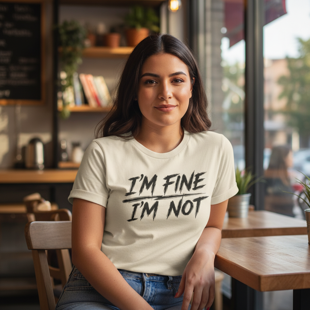 Wear Your Worship "I'm Fine. I'm Not." T-shirt from The Weight Collection featuring a casual, black graphic tee with bold text.