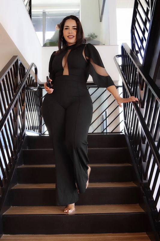 Fasheabe La Mesh Inserted Fashion Jumpsuit playsuit featuring a stylish mesh insert design and fitted silhouette.