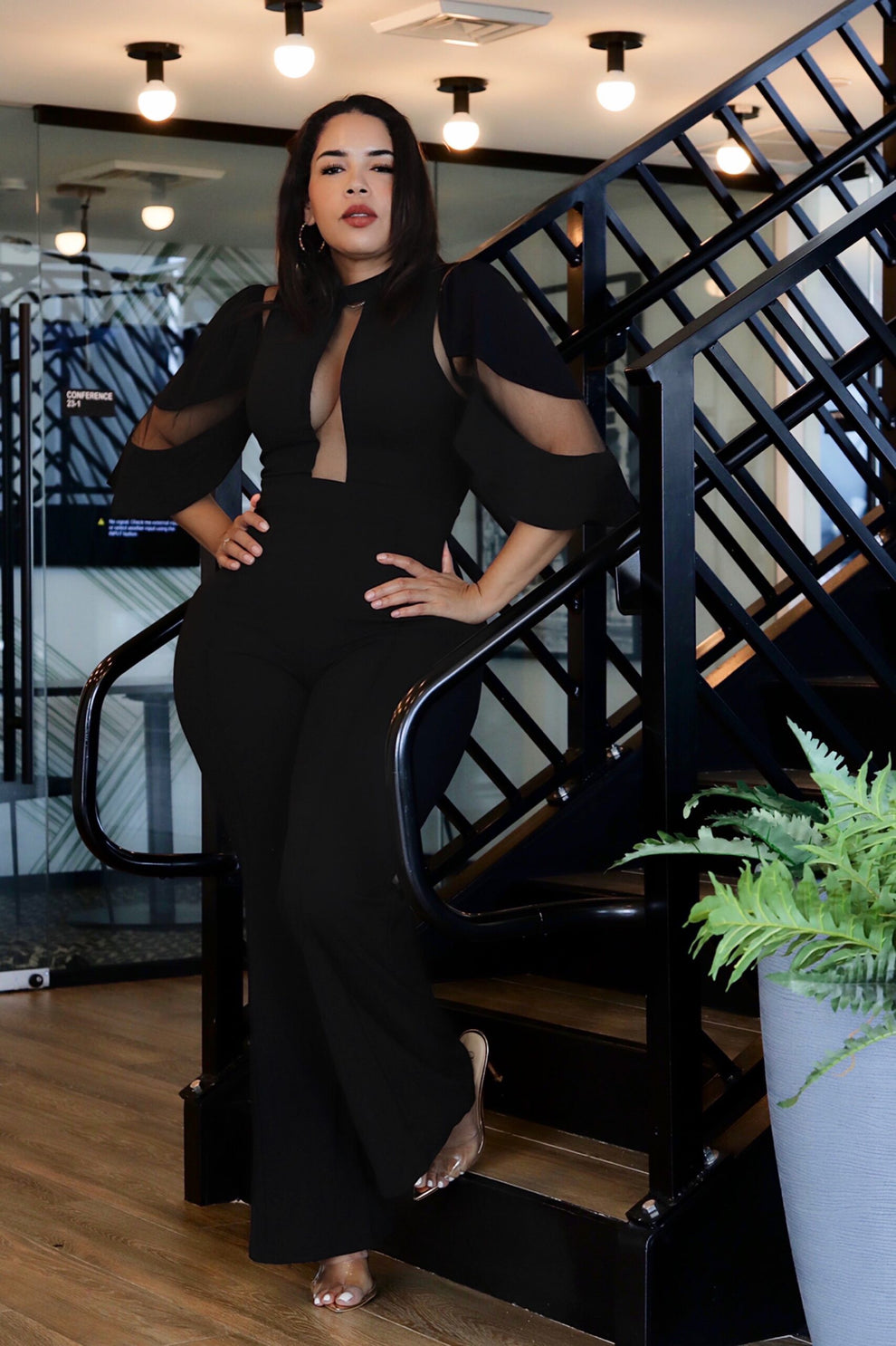 Fasheabe La Mesh Inserted Fashion Jumpsuit, stylish playsuit with mesh details, fitted design, and sleeveless cut.