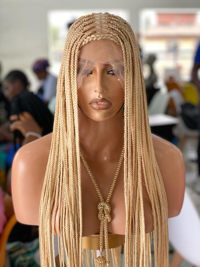 Shade Knotless In Premium Blond, Human Hair Swiss Full Lace, Tailbone, Glueless Poshglad Braided Wigs