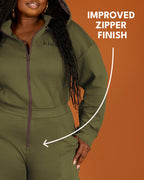 Green satin-lined jumpsuit by Plush Fashion Hub showing a sleek, fitted design with a zipper closure and stylish satin finish.