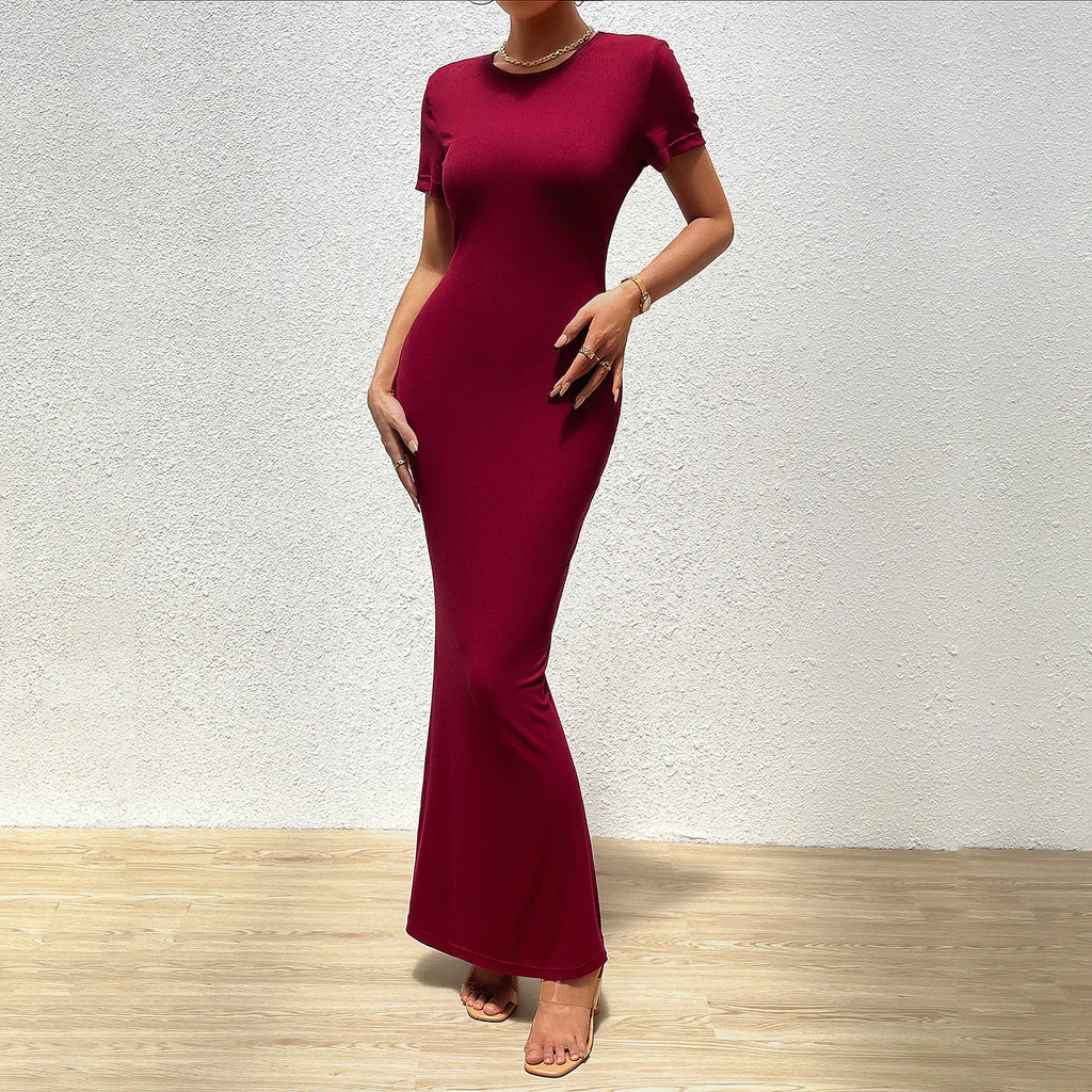 Elegant solid color women's slim fit round neck dress by Trendy Attic Store01, featuring a sleek and stylish design.