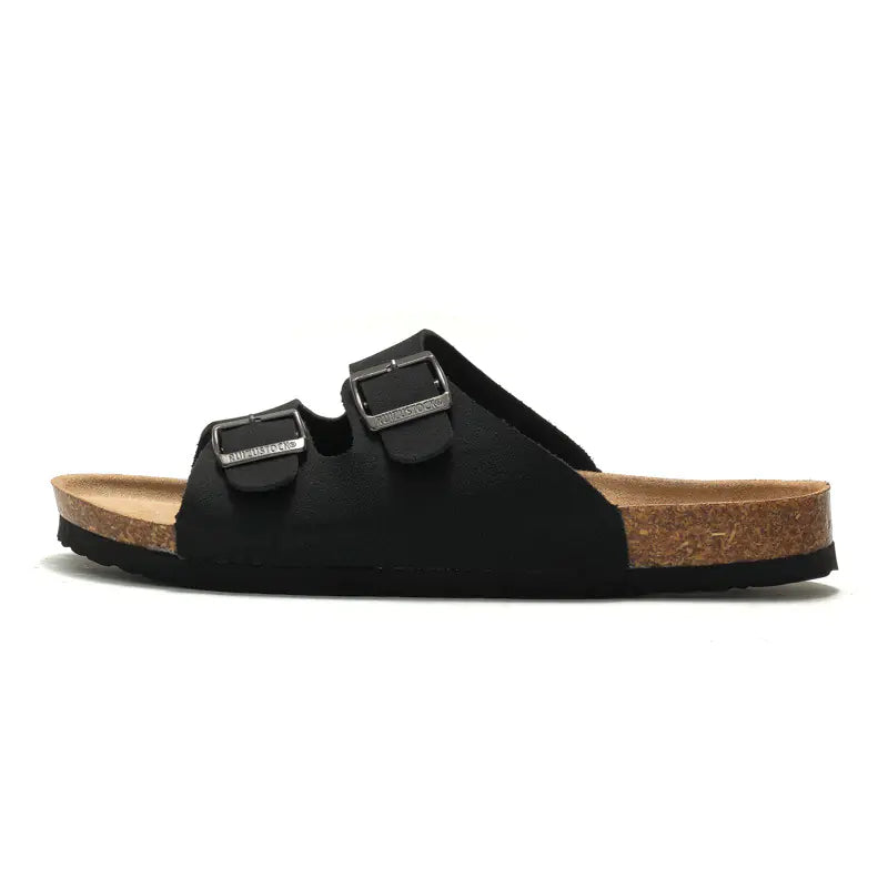 Men's cork slippers and women's beach sandals from Trendy Attic Store01, showcasing comfortable slip-on footwear with cork and fabric straps.