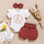 Infant girls' summer outfit from Trendy Attic Store01, letter bodysuit with matching shorts, perfect for warm weather.
