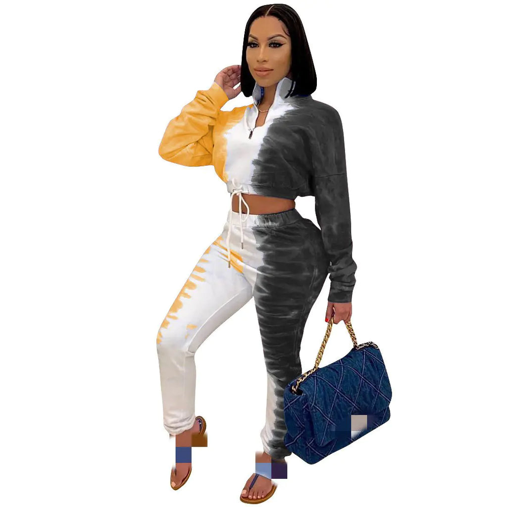 Women’s casual printed stretch sweatshirt and waist sports set, two-piece athletic outfit with trendy design and comfortable fit.