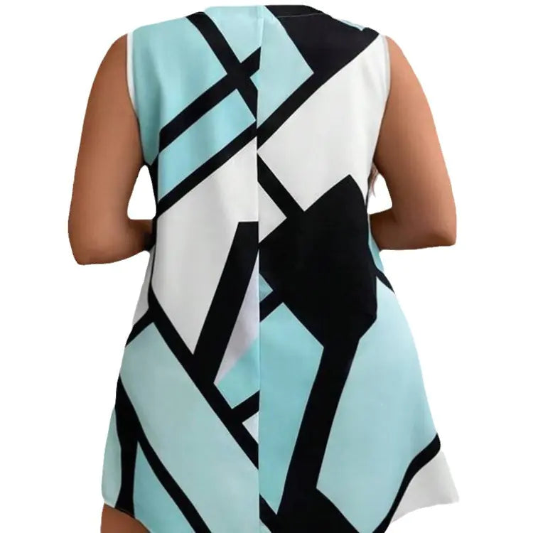 Women’s sleeveless V-neck dress with geometric print by Plush Fashion Hub, showcasing a stylish and modern design.