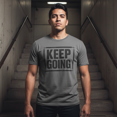Wear Your Worship Keep Going Tee featuring a Latino model, showcasing a stylish casual T-shirt from The Weight Collection.