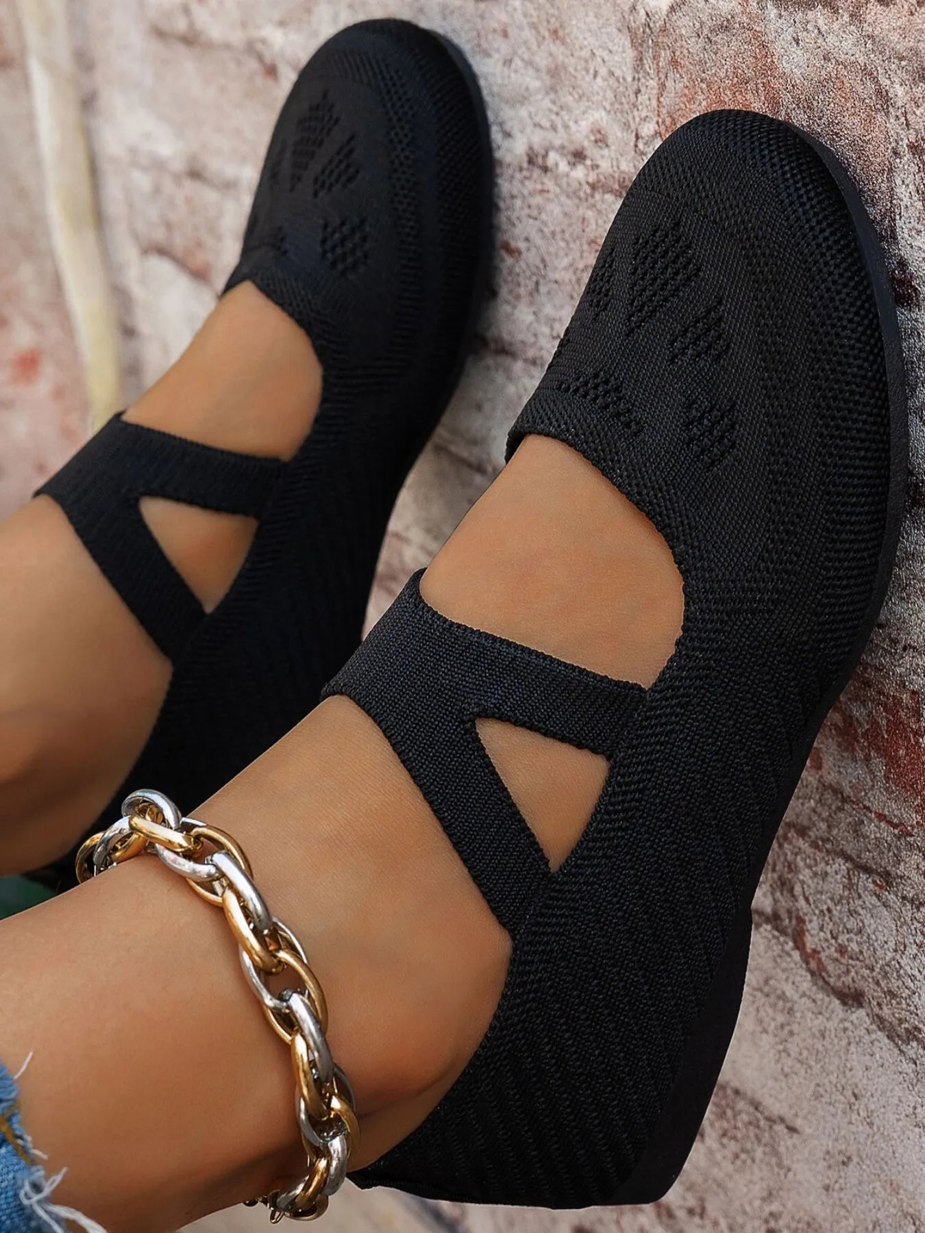 Women's breathable knit Mary Jane slip-on loafers with strap, comfortable flat shoes by Trendsi.