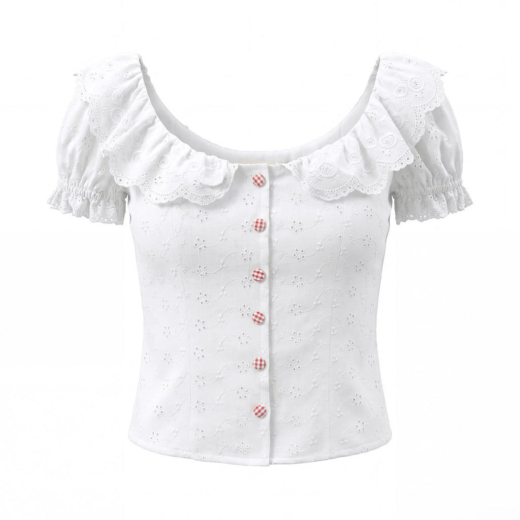 White lace-collar bubble sleeve shirt for women with embroidered waist, hollow-out cutouts, retro style, and a fitted, elegant fit.