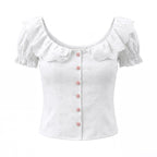 White lace-collar bubble sleeve shirt for women with embroidered waist, hollow-out cutouts, retro style, and a fitted, elegant fit.