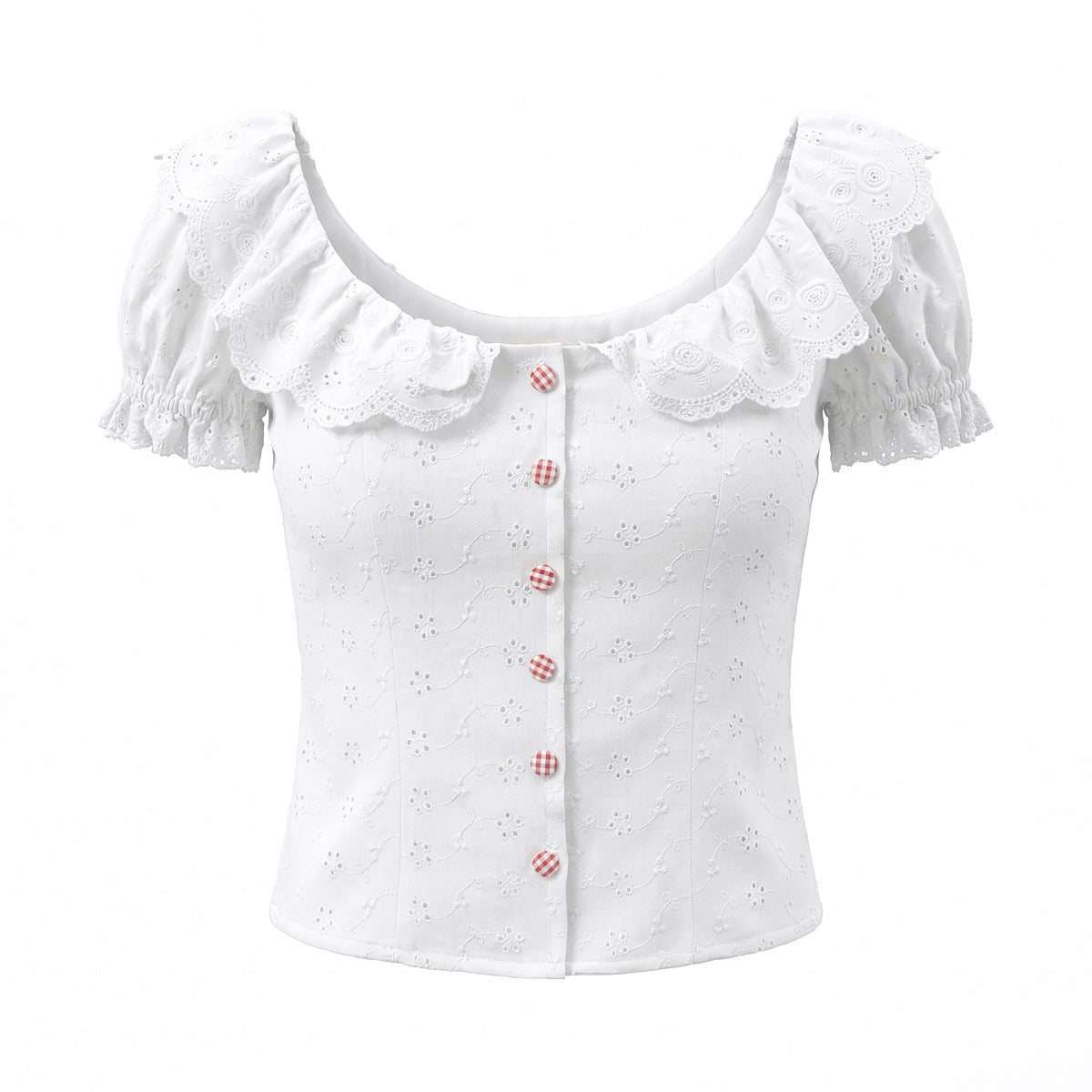White lace-collar bubble sleeve shirt for women with embroidered waist, hollow-out cutouts, retro style, and a fitted, elegant fit.