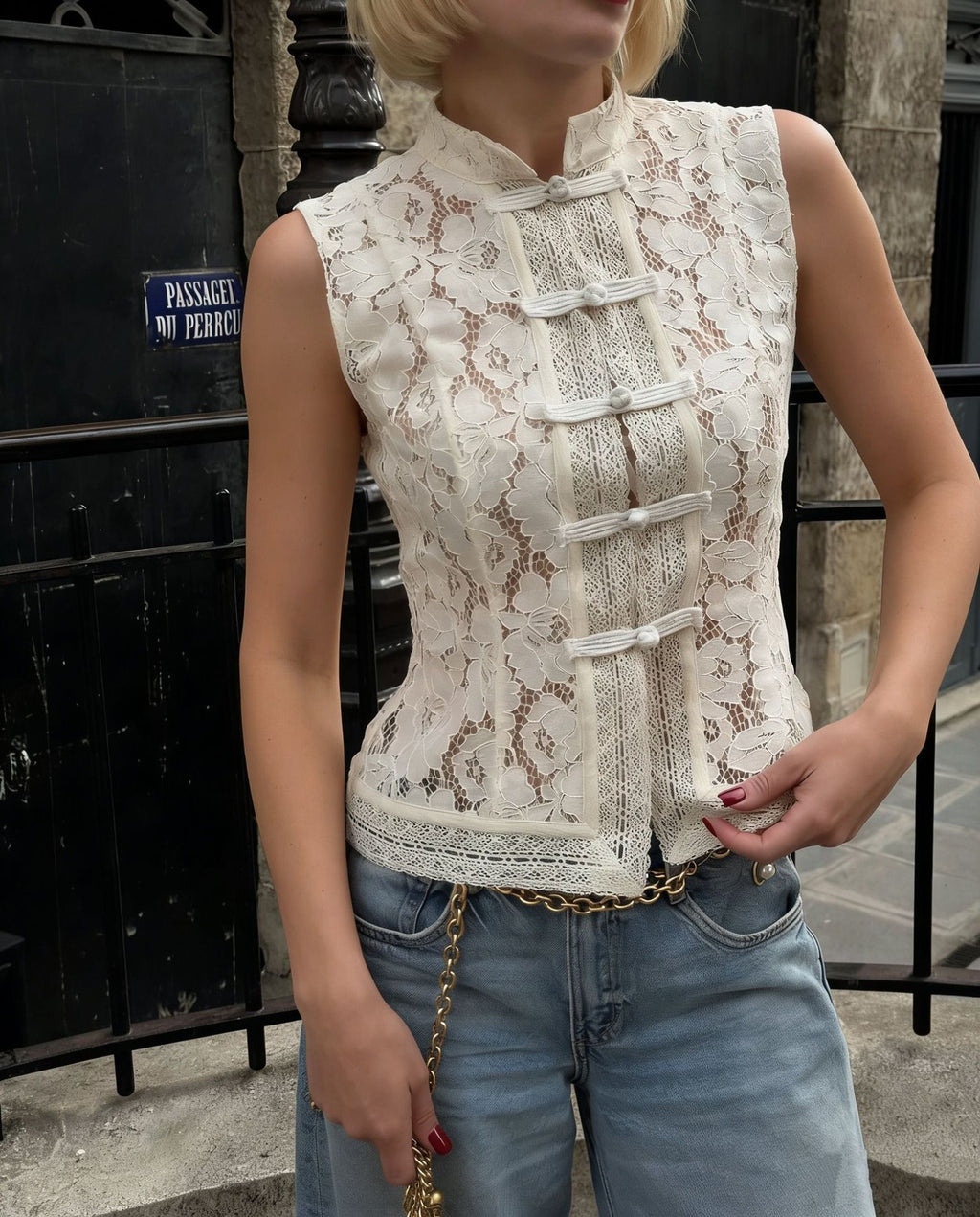 Lace crochet sleeveless top with stand collar in three colors, slim fit, casualwear from Plush Fashion Hub, available in S–L sizes.