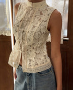 Lace crochet sleeveless top with stand collar in three colors, slim fit casualwear by Plush Fashion Hub, available in S–L.