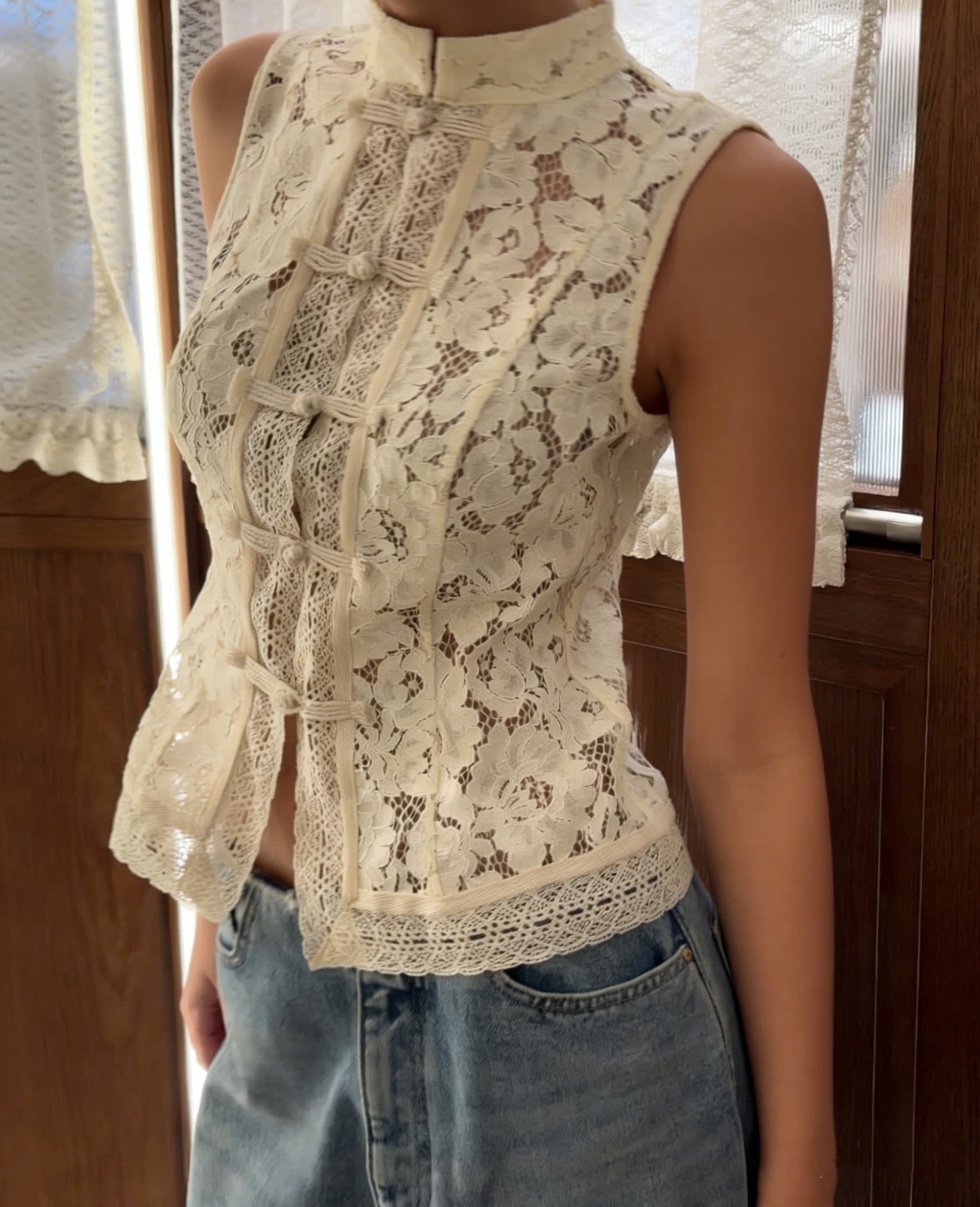 Lace crochet sleeveless top with stand collar in three colors, slim fit casualwear by Plush Fashion Hub, available in S–L.