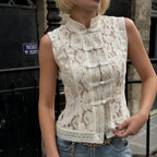 Lace crochet sleeveless top with stand collar in three colors, slim fit, casualwear by Plush Fashion Hub.