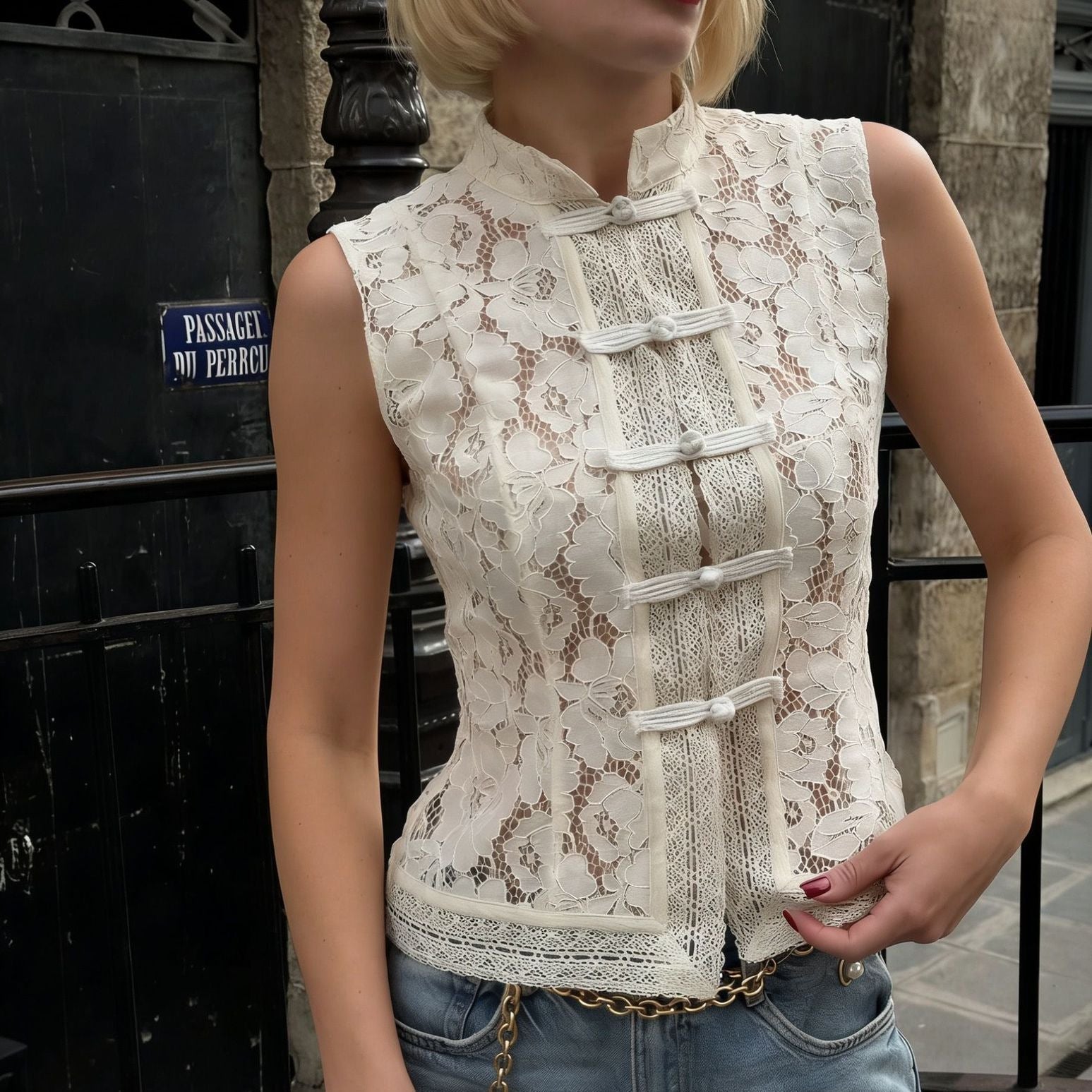 Lace crochet sleeveless top with stand collar in three colors, slim fit, casualwear by Plush Fashion Hub.