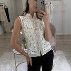 Lace crochet sleeveless top with stand collar in three colors, slim fit, casualwear by Plush Fashion Hub