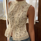 Lace crochet sleeveless top with stand collar in three colors, slim fit, casualwear from Plush Fashion Hub.