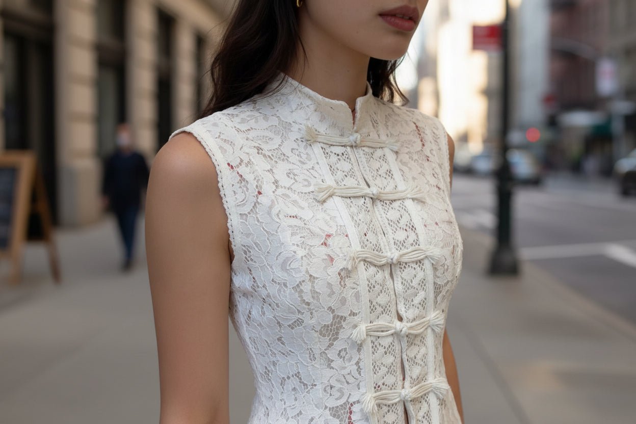 Lace crochet sleeveless top with stand collar in three colors, slim fit casualwear by Plush Fashion Hub, available in sizes S to L.