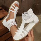 Women's lace open toe flat sandals made of PU leather with delicate lace detail, perfect for summer casual wear.