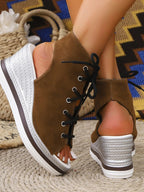 Women's lace-up open toe wedge sandals with comfortable mid-heel, perfect for summer, featuring stylish design from Trendsi.
