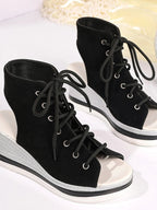 Women's lace-up open toe wedge sandals with comfortable mid-heel and stylish design, perfect for summer wear.