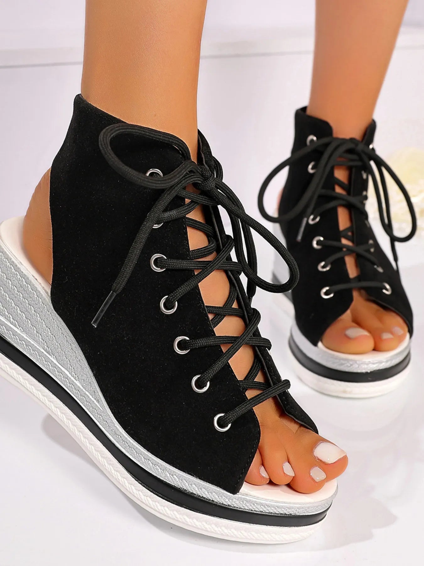 Women's lace-up open toe wedge sandals with mid-height heel, stylish summer shoes by Trendsi featuring comfortable design.