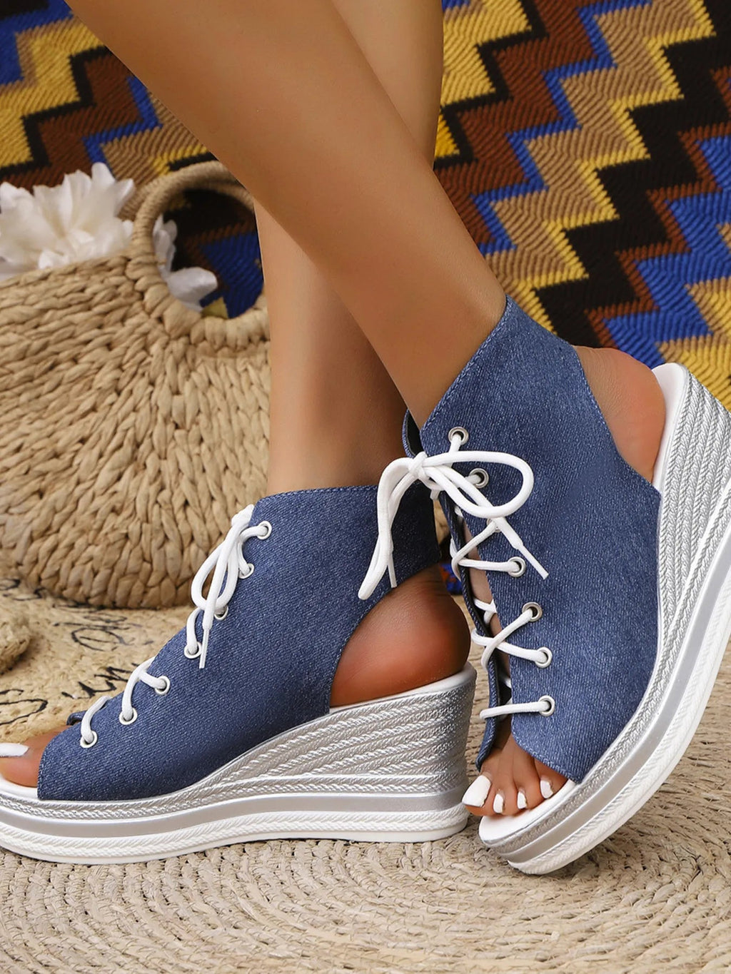 Women's lace-up open toe wedge sandals with comfortable mid-heel design, perfect for summer fashion and casual wear.
