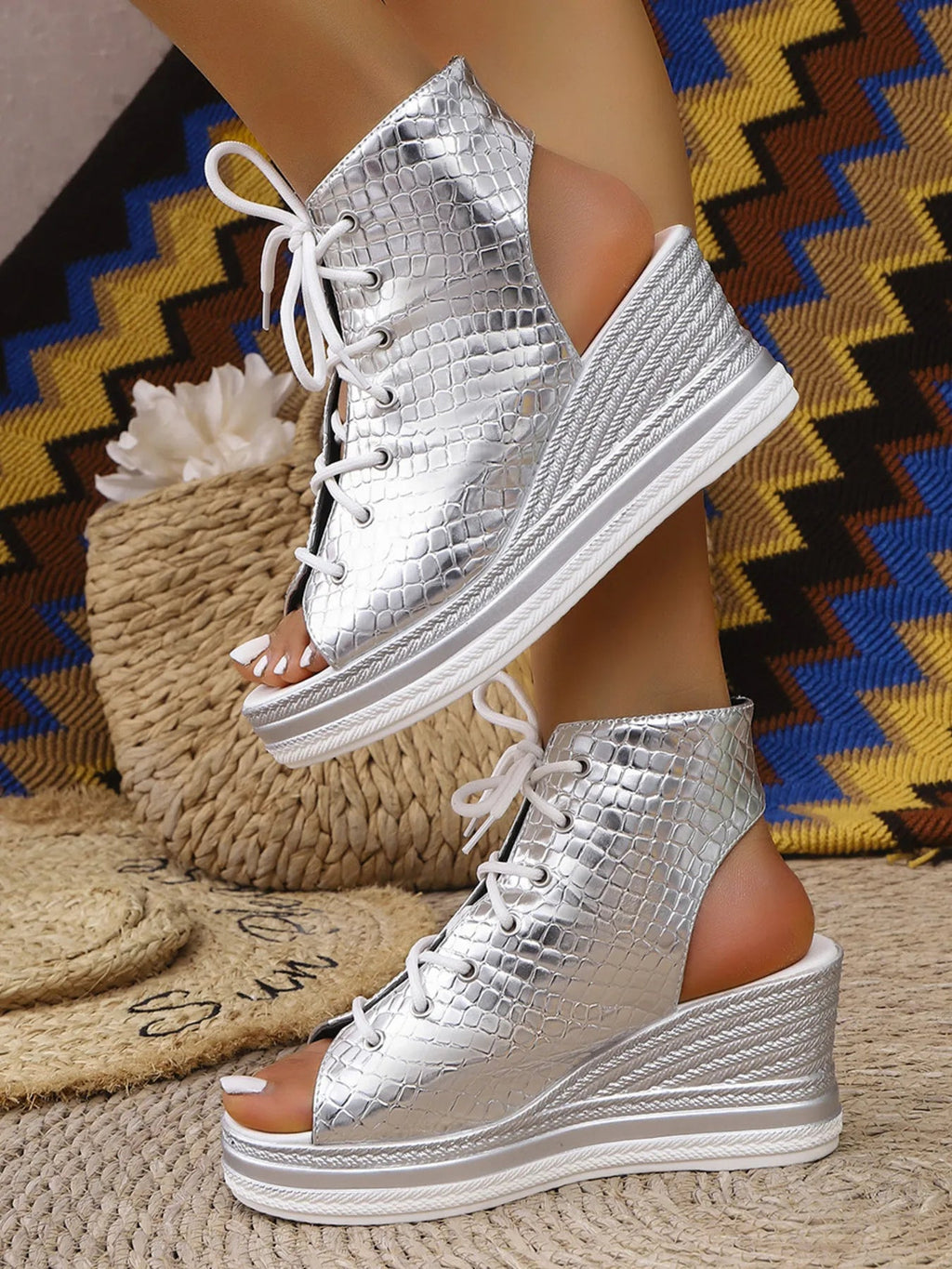 Women's lace-up open toe wedge sandals with a comfortable mid-heel, perfect for summer, by Trendsi.