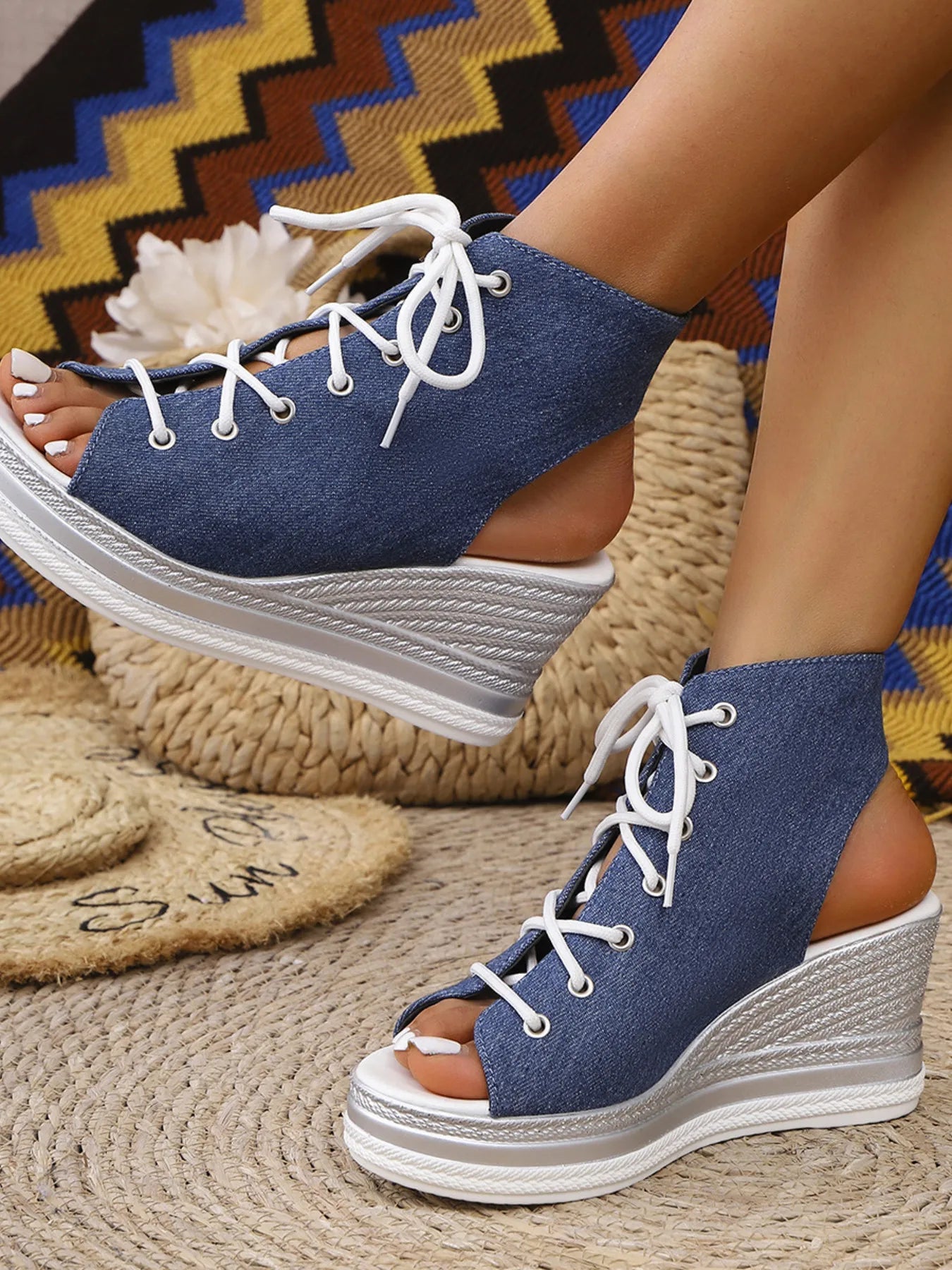 Women's lace-up open toe wedge sandals with comfortable mid-heel design, perfect for summer.