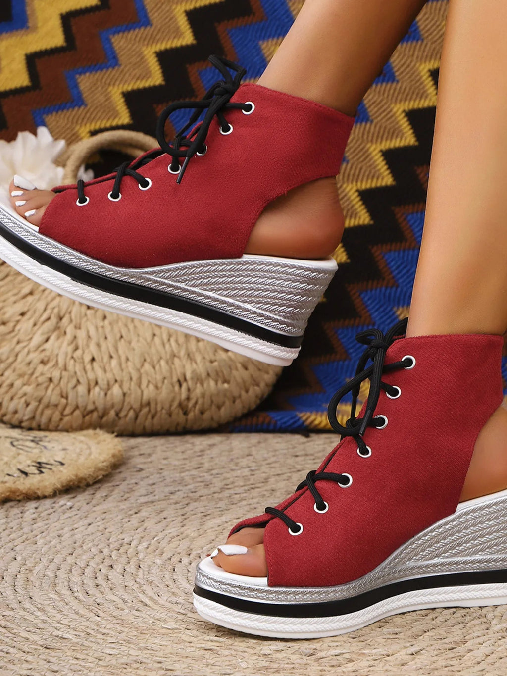 Women's lace-up open toe wedge sandals with comfortable mid-heel design, perfect for summer and casual wear.