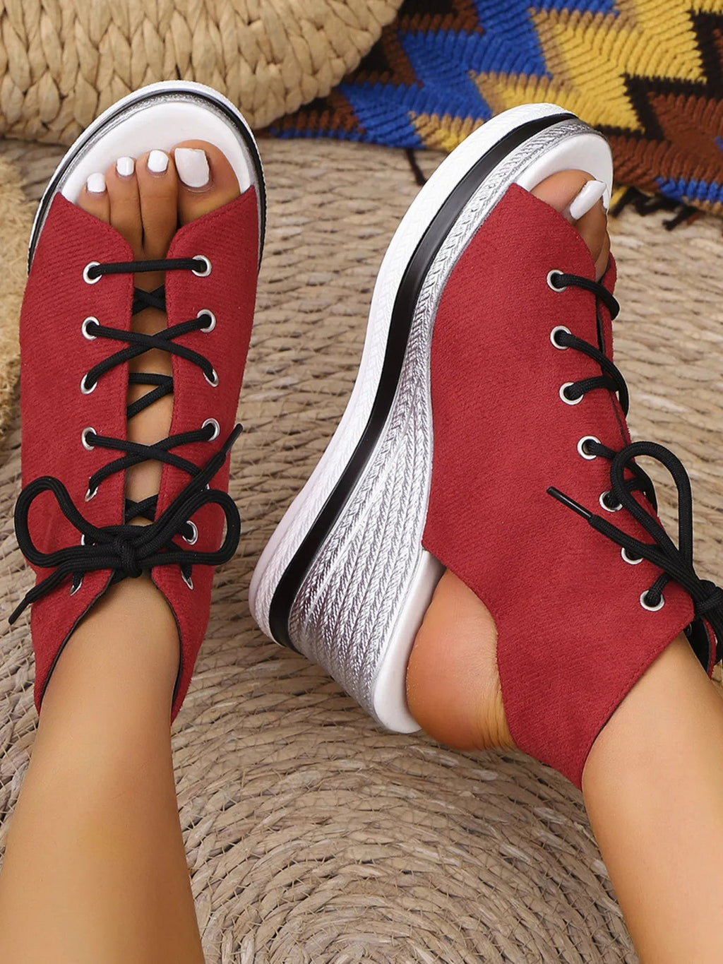 Women's lace-up open-toe wedge sandals with a comfortable mid-heel in a stylish summer shoe design by Trendsi.