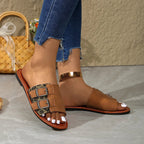Women's leopard print open toe flat sandals by Trendsi, casual summer shoes with comfortable slip-on design and stylish animal pattern.
