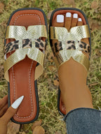 Leopard print women's buckle strap sandals with a low heel, trendy summer shoes from Trendsi, featuring comfortable design and stylish pattern.
