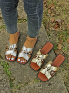 Women's leopard print buckle strap sandals with a low heel, trendy summer shoes by Trendsi, featuring comfortable design and stylish pattern.