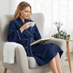 Lightweight knee-length waffle robe for women from Plush Fashion Hub, featuring a soft, cozy fabric perfect for lounging.