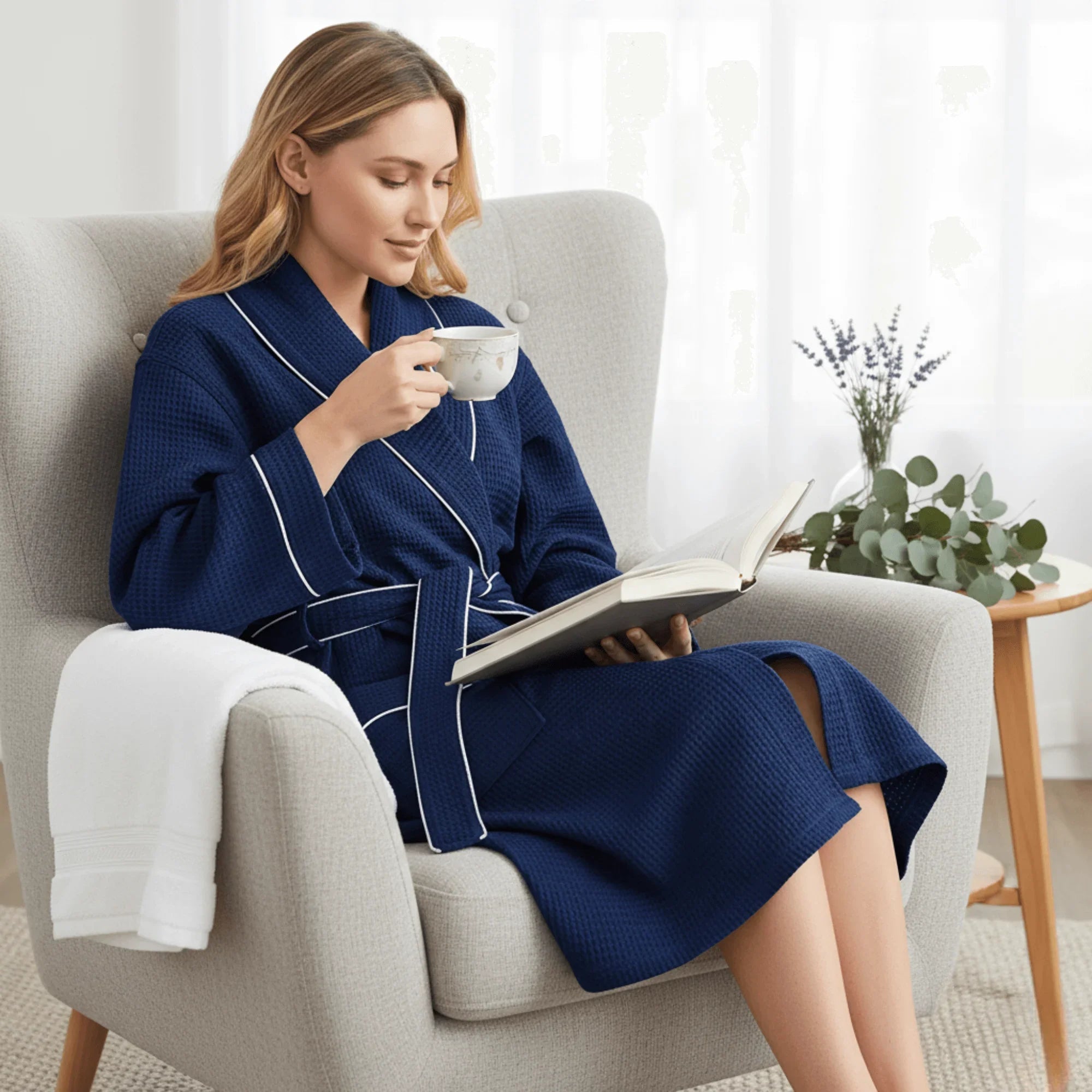 Lightweight knee-length waffle robe for women from Plush Fashion Hub, featuring a soft, cozy fabric perfect for lounging.