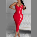 Plus size women's stylish leather dress in autumn winter fashion, featuring a fitted silhouette and trendy details.