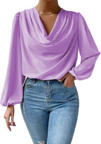 Bella Mia women's long-sleeved loose draped V-neck top, casual T-shirt with relaxed fit and stylish design.