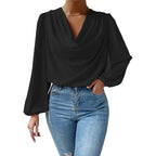 Loose draped long-sleeved V-neck shirt for women by Bella Mia, featuring a relaxed fit and casual style.