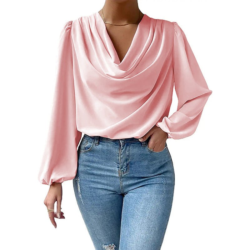 Bella Mia women's long-sleeved loose draped V-neck top, casual T-shirt style in soft fabric, shown on a model.