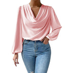 Bella Mia women's long-sleeved loose draped V-neck top, casual T-shirt style in soft fabric, shown on a model.