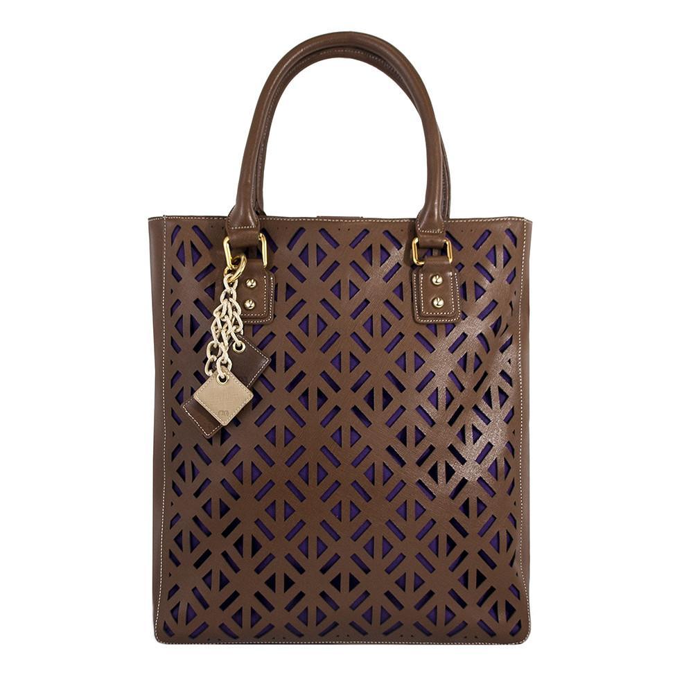 Luminous brown leather bag with sleek design and plush texture, featuring sturdy handles and subtle branding.